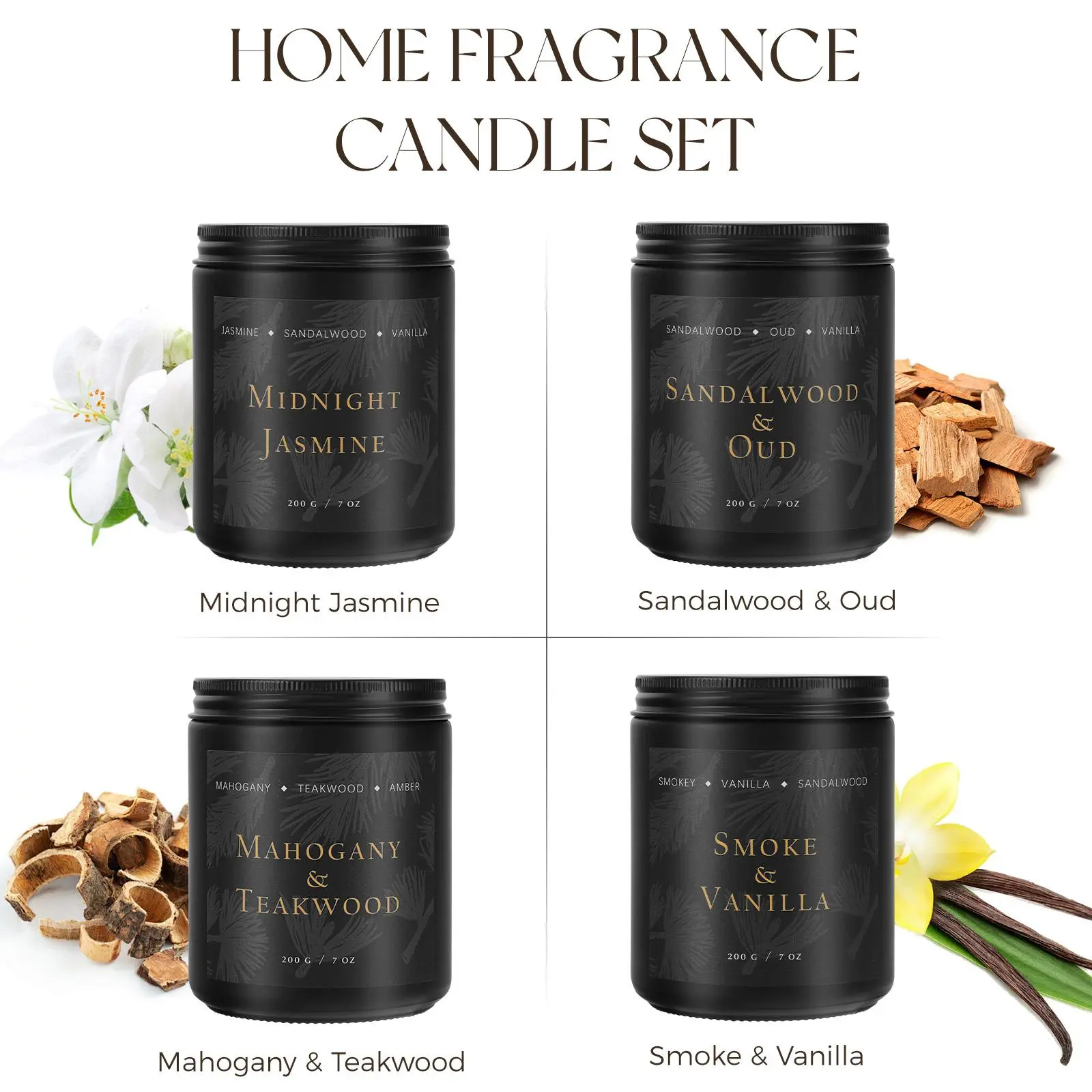 Scented Candles for Men - 4 Pack Candles for Home Scented, Soy Wax, 200 Hour Burn Time, Men Candle Set, Sandalwood Oud/Mahogany Teakwood/Smoke Vanilla/Jasmine Candle Set A