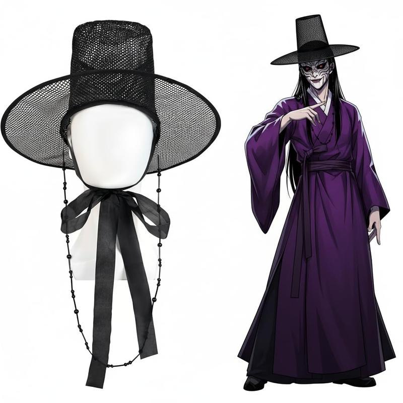 Korean Gat Hat Cosplay Accessory – Traditional Joseon Dynasty Black Mesh Hat with Beaded Chains & Ribbon | Kpop Idol Style Costume Hat for Men, Party & Stage Performance Womenswear Clothes