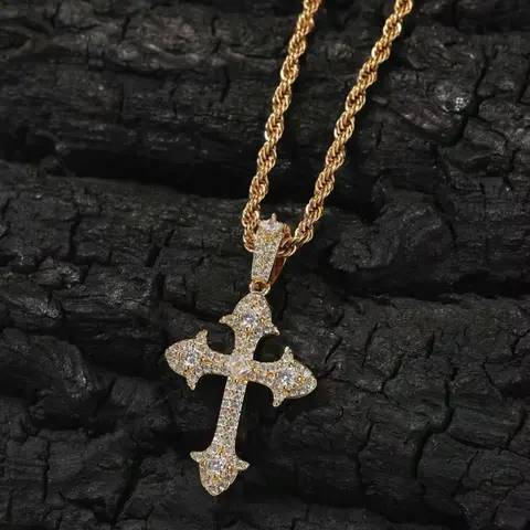 14K Gold-Plated Iced-Out Ankh Cross Necklace - Cubic Zirconia Cross Design Pendant with Rope Chains, Hip-Hop Gothic Vibe Jewelry, Accessories for Women, Gifts for Female Adults