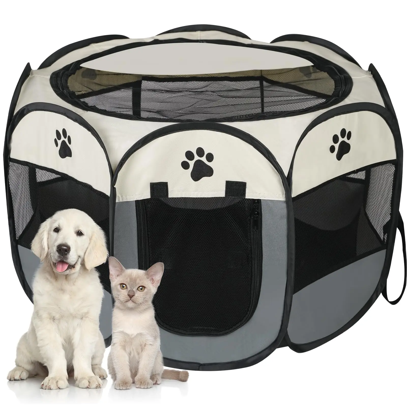 Premium Foldable Octagonal Pet Tent Enclosure - Durable Puppy Playpen, Spacious, Scratch-Resistant, 2-Color Paw Print Design, Portable Indoor-Outdoor Pet Supply