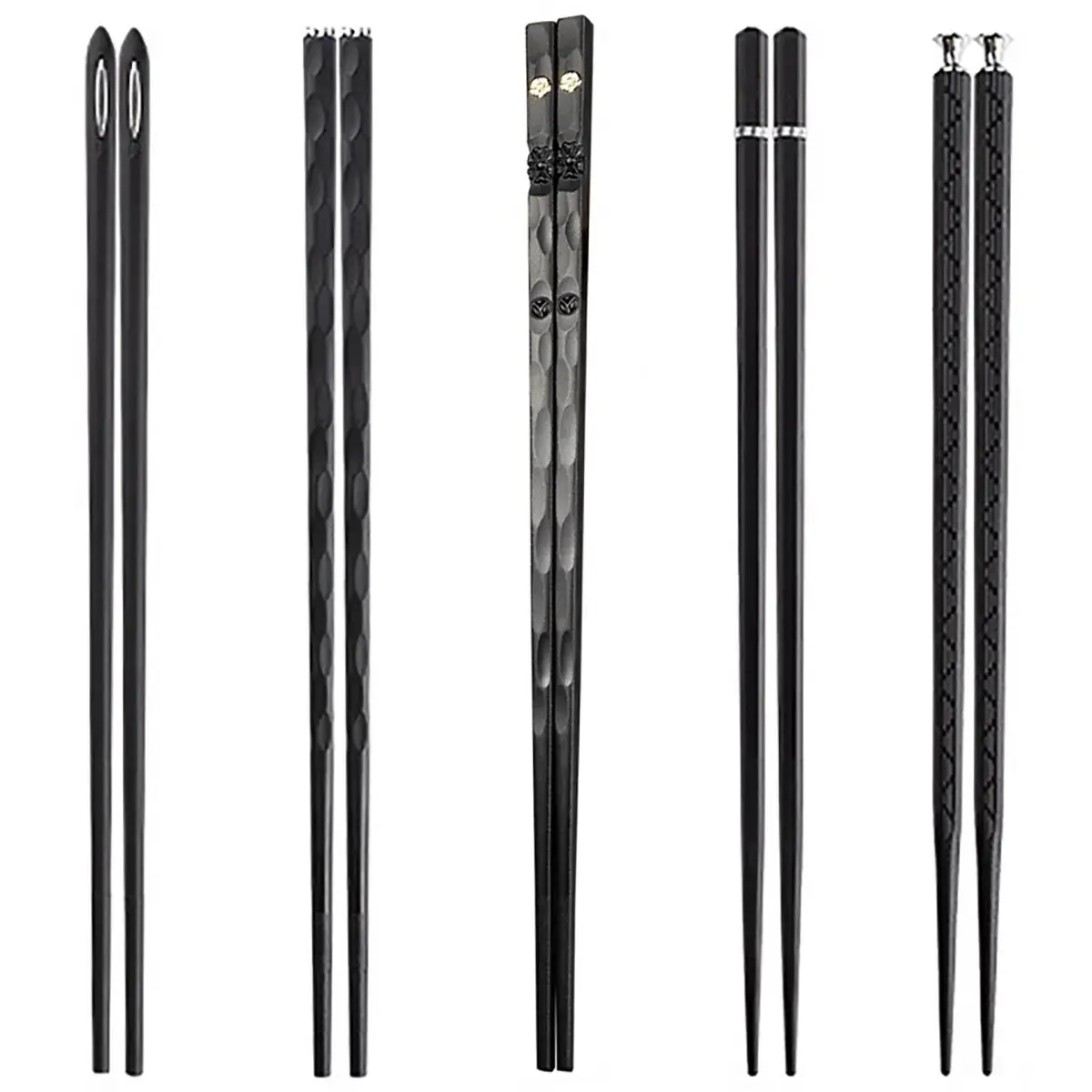 Premium Antibacterial PET Chinese Chopsticks Set - 5 Pairs (Black-5pairs), Dark Finish, Floral Patterns, Storage Box Included, Ideal for Asian Food, Sushi, Everyday Home Dining (Home Supplies, Party Gifts)