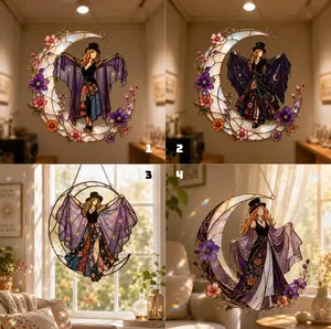 Stevie Nicks Vintage Moon Witch Flat Acrylic Ornament, Fleetwood Mac Inspired Floral Crescent Suncatcher, Music Fan Home Décor Gift, Lightweight, Gift For Fans