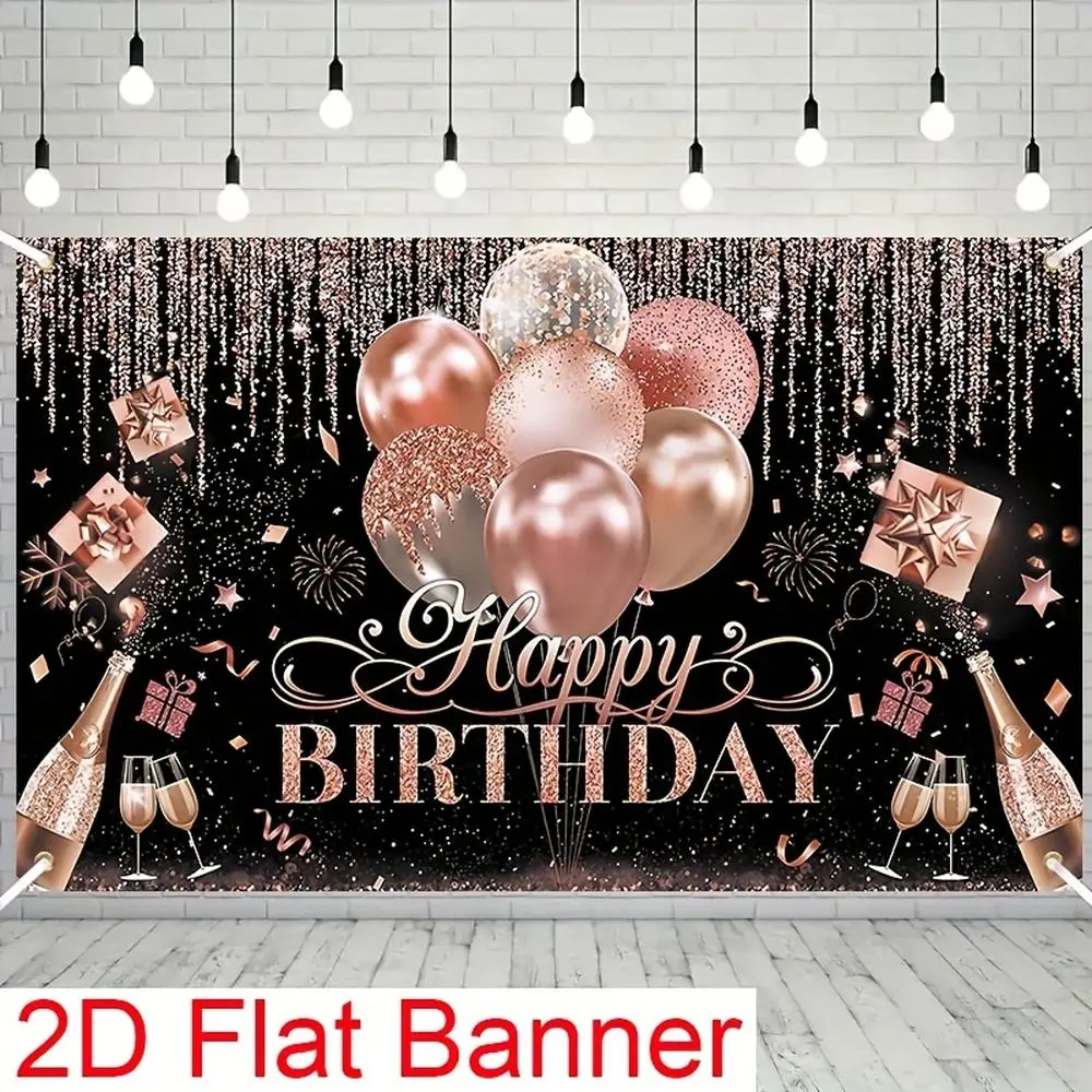 1pc 2D Flat Black Silver Rose Golden Polyester Happy Birthday Party Decorations Supplies, Multipurpose, No Electricity Needed, with Glitter Balloon Birthday Party Backdrop, Happy Birthday Banner, Sho White