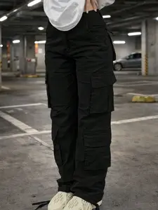 Womens High Waisted Cargo Pants Black Loose Fit Wide Leg Button Utility Trousers Multi Pocket, Casual Pocket Design Streetwear Y2K Fashion Casual Workwear Tactical Pants Comfortable Everyday Cargo Pants for Women Teen Girls Street Style Outfits Womenswear