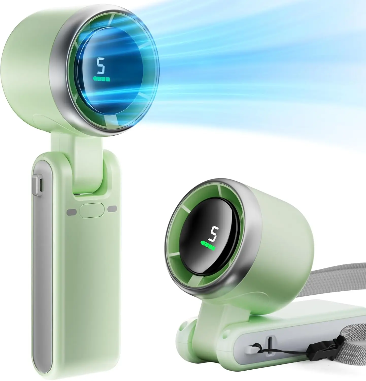 5000mAh Foldable Handheld Fan 5-Speed Turbo Mini Fan with Digital Display USB Rechargeable Neck and Desk Fan Green