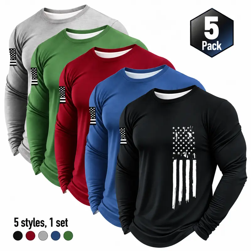 Men's 5-Piece Long Sleeve T-Shirt Set - Patriot Apparel Lightweight Plain Lined Athleisure Activewear, Quick-Drying Mesh Fabric, Breathable Gym Shirts for Fitness & Spring/Autumn Daily Casual Use, Athleisure Activewear Clothing