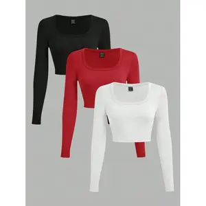 3-Pack Women's Long Sleeve Short Tops Fit U-Neck T-Shirts Basic Tight Tops Suitable for Layering in Autumn and Winter