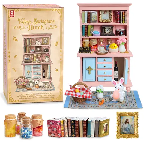 BEIREG Vintage 1:12 Scale Dollhouse Hutch Set - 40 Miniature Accessories (Books+Flowers Set, Rabbits, Baskets, Coffee Cups, Scissors, Easter Eggs) for 6-8 Years Children Development, Birthday Gift