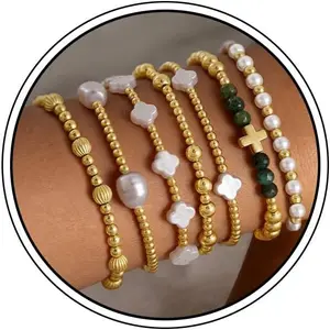 Gold Beaded Bracelets Set for Women 14K Gold Plated Dainty Pearl Cross Bracelet Stack Stretch Bracelet Set Fashion Accessories Gifts