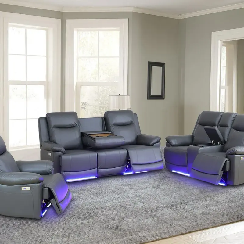 Power Leather Recliner Sofa Set with LED, USD, Storage