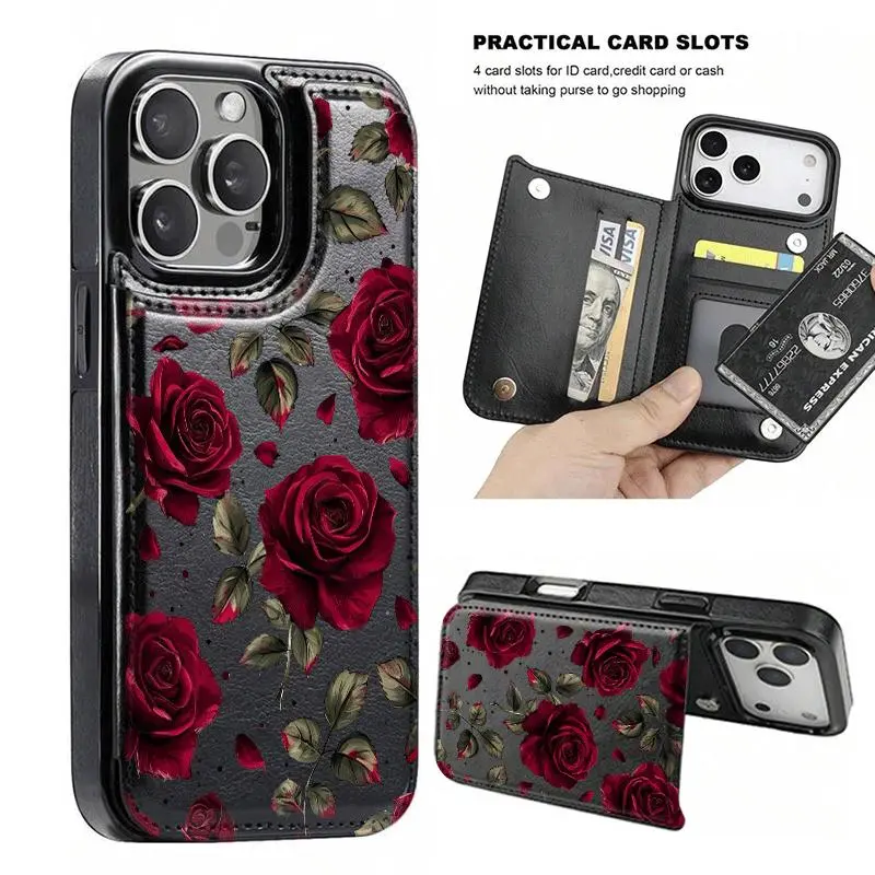 Phone Case: Red Rose/Wallet Card Holder, Credit Card Slots Phone Case for Iphone17 16 15 14 13 12 PRO MAX PLUS,AIR Plus Case, Cute Phone Case Samsung Galaxy S22/s23+S24 Plus/S25Ultra/ Cover for Women Girls Stylish Fashionable Coin Pocket lovely gift