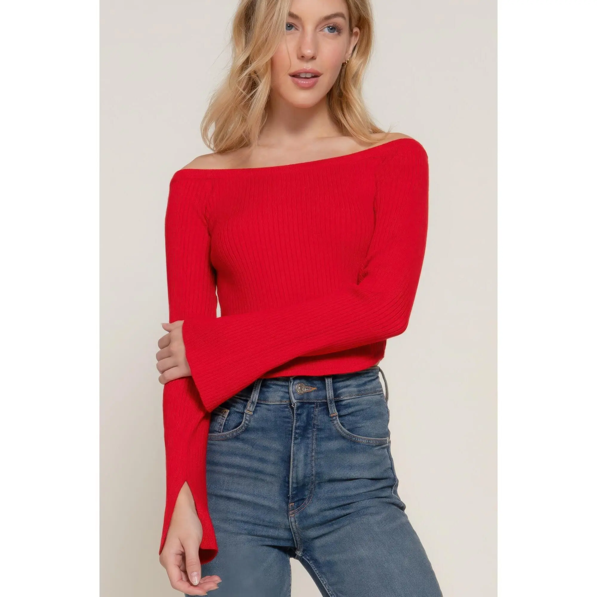 Long flare slv off shoulder sweater