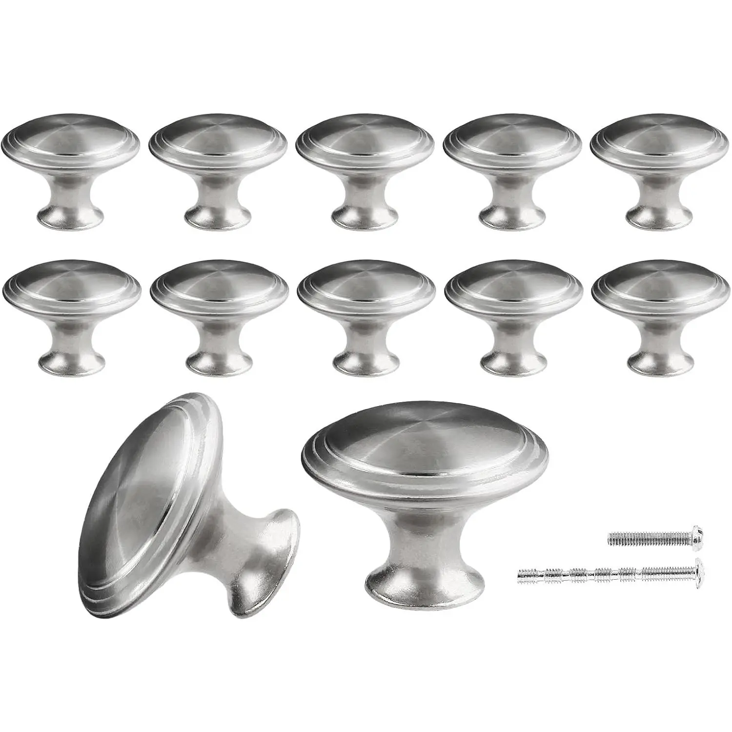 12PCS Silver Mushroom Knobs, Stainless Steel Dresr Knobs 1-3/16 inch Diameter Round Drawer Knob Pull Handle with Mounting Screws for Chest Cabinet Cupboard Drawer