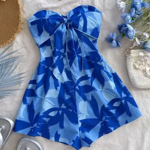 Women's Blue Watercolor Silhouette Print Strapless Twist-Front Backless Romper – Elegant & Breezy