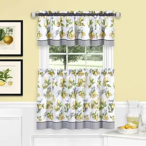Light Filtering Window Curtain, Printed Tier & Valance Set - 58 Inch Length, 24 Inch Width - Lemon Drop (Yellow), Machine Washable Drape for Kitchen, Bedroom, Living, & Dining Room Home Decor