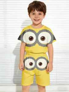 summer collection Boys' shorts + short-sleeve set two-piece set with print Minion Eyes And Smile Pattern On Yellow Shirt And Shorts Breathable and comfortable, skin-friendly and soft Casual home wear, trendy and versatile Children's T-shirt and