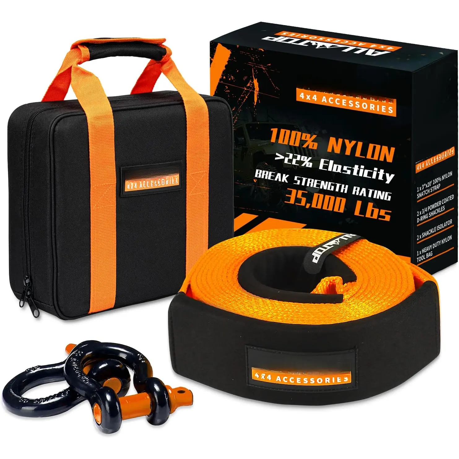 Heavy Duty Tow Strap  Kit: 3 inch x 20ft (35,000lbs)  Nylon and 22% Elongation Snatch Strap + 3/4 Heavy Duty D Ring Shackles (2pcs) + Storage Bag