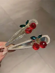 2pcs Cute Cherry Rhinestone & Faux Pearl Side Clip Bangs Hair Clip, Fashionable Everyday Wear Hair Accessory, Looks Of Party, Hair Accerssories