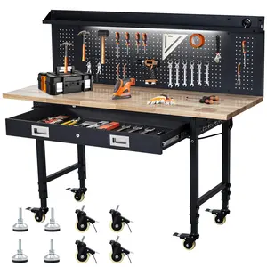 Garvee 60-Inch Adjustable Mobile Workbench with Drawer & Power Outlets, 2000LBS Capacity, Heavy-Duty Rubber Workstation with Wood Top, Locking Wheels for Garage Workshop Warehouse