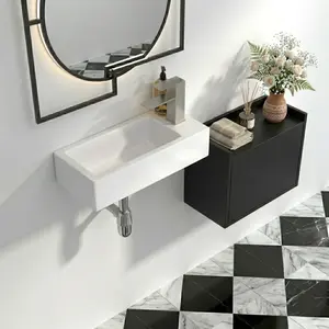 Logmey 14.5" L x 7" W Wall Mounted Bathroom Sink Rectangular Wall Hung White Ceramic Sink with Faucet Hole