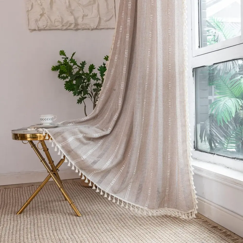 Khaki Striped Rustic Boho Pattern Embellished Blend Fabric Curtains (Pack of 2) - 52W x 84L Rod Pocket Drapes, Embroidery Tassels, Light Filtering for Living Room/Bedroom, Doorway Compatible, Machine Washable, Window Decor, Stripes