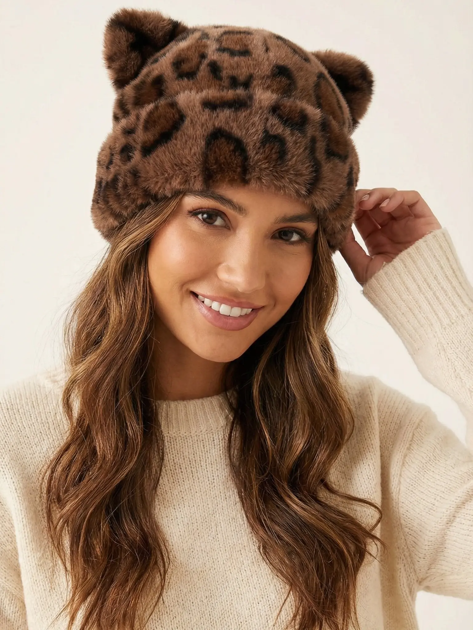 Faux Fur Cat Ear Beanie Hat Leopard Print Fluffy Winter Warm Handmade Leopard Print Faux Fur Cat Ear Hat – Y2K Winter  main image 3