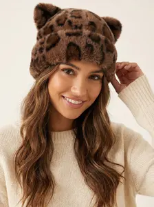 Women's Winter Warm Faux Fur Cat Ears Hat Fluffy Leopard Print Beanie Cap Playful Chic Polyester Fuzzy Fabric Cozy Outfit Accessory for Winter Outings