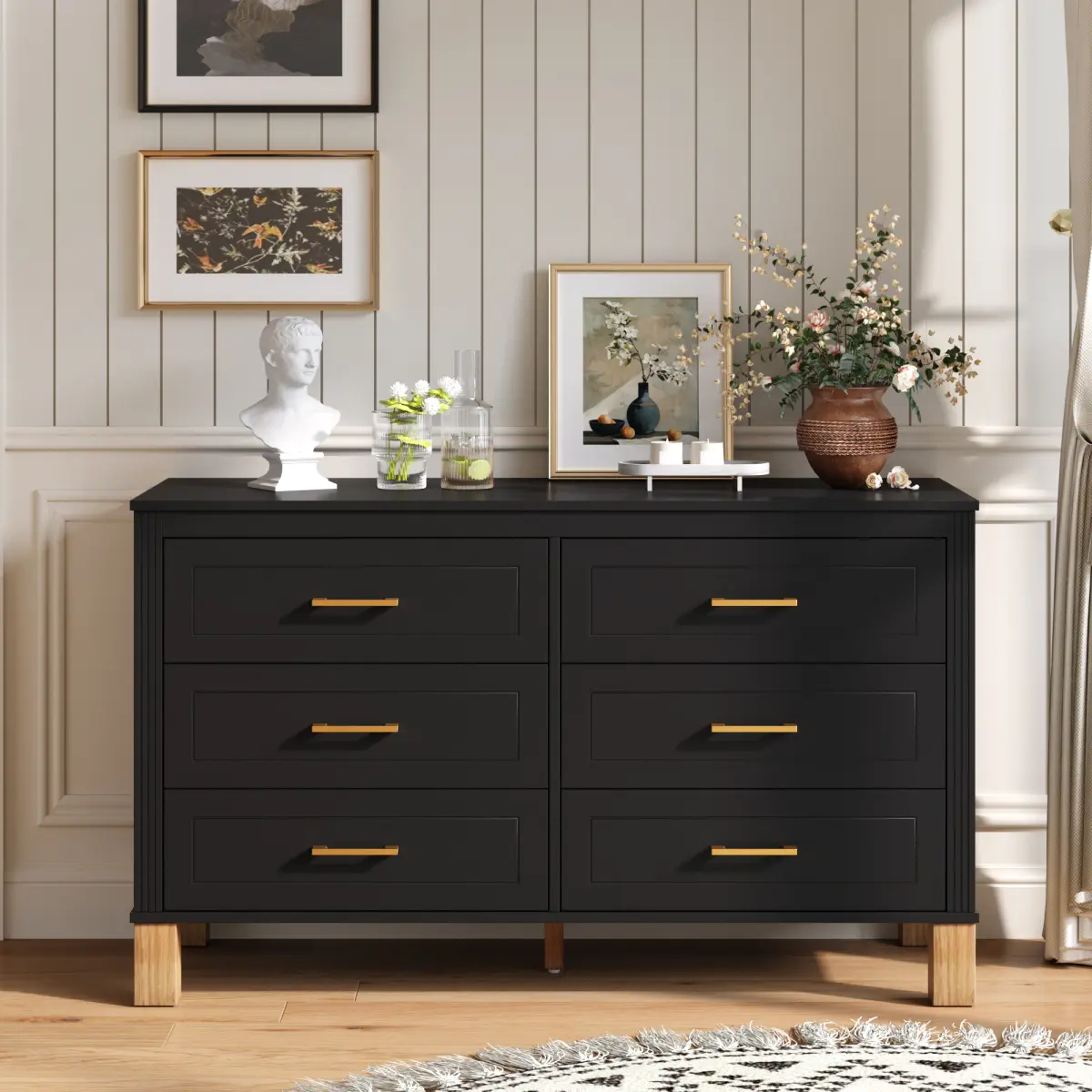 Black 6-Drawer Solid Wood Double Dresser - Recessed Panels, Metal Handles, Sturdy Heavy-Duty Wooden Legs, Pre-Installed Modern Storage Cabinet, Drawer Organizer for Nursery, Entryway, Master Bedroom campingessentials