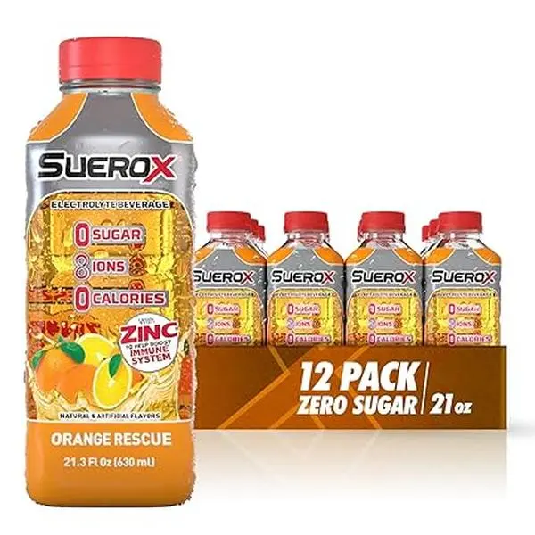 SueroX Zero Sugar, Orange Rescue, 12 Pack, Electrolyte Drink for Hydration and Recovery, Unique Blend of Electrolytes & 8 Ions, Zero Calorie, Refreshing Beverage, Sports Drink, 21.3 Fl Oz, 12 Pack