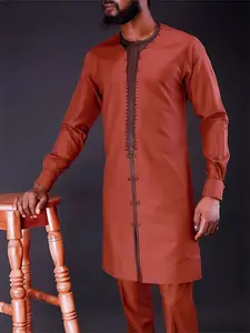 Traditional Muslim Set African Style Men's Wedding New Formal Polished Suit 2-Piece Round Neck Long Sleeve Top and Pants
