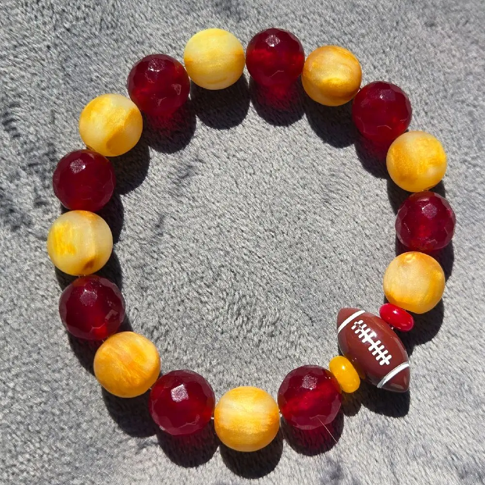 Go Chiefs Fashionable Bracelet Style, Costume Jewelry Accessory with Dark Red, Yellow and Football Accent Beads