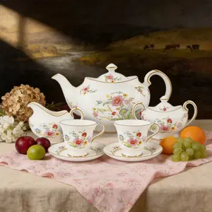 Aynsley Shangri-La Lancaster 7-Piece Classic Bone China Tea Set - 1200ml Teapot, 180ml Teacups, Floral Motifs, Lead-Free, Cadmium-Free, Modern Elegance, Romantic Gift Choice