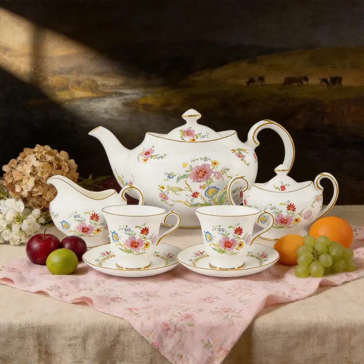 Aynsley Shangri-La Lancaster 7-Piece Classic Bone China Tea Set - 1200ml Teapot, 180ml Teacups, Floral Motifs, Lead-Free, Cadmium-Free, Detailed Artistry, Modern Elegance, Collector’s Treasure, Tea Party Set, Romantic Gift for Special Occasions