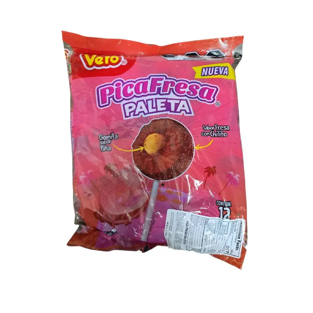 Vero PicaFresa Paleta – Strawberry & Chili Lollipop with Pineapple Gummy Center 12 Count