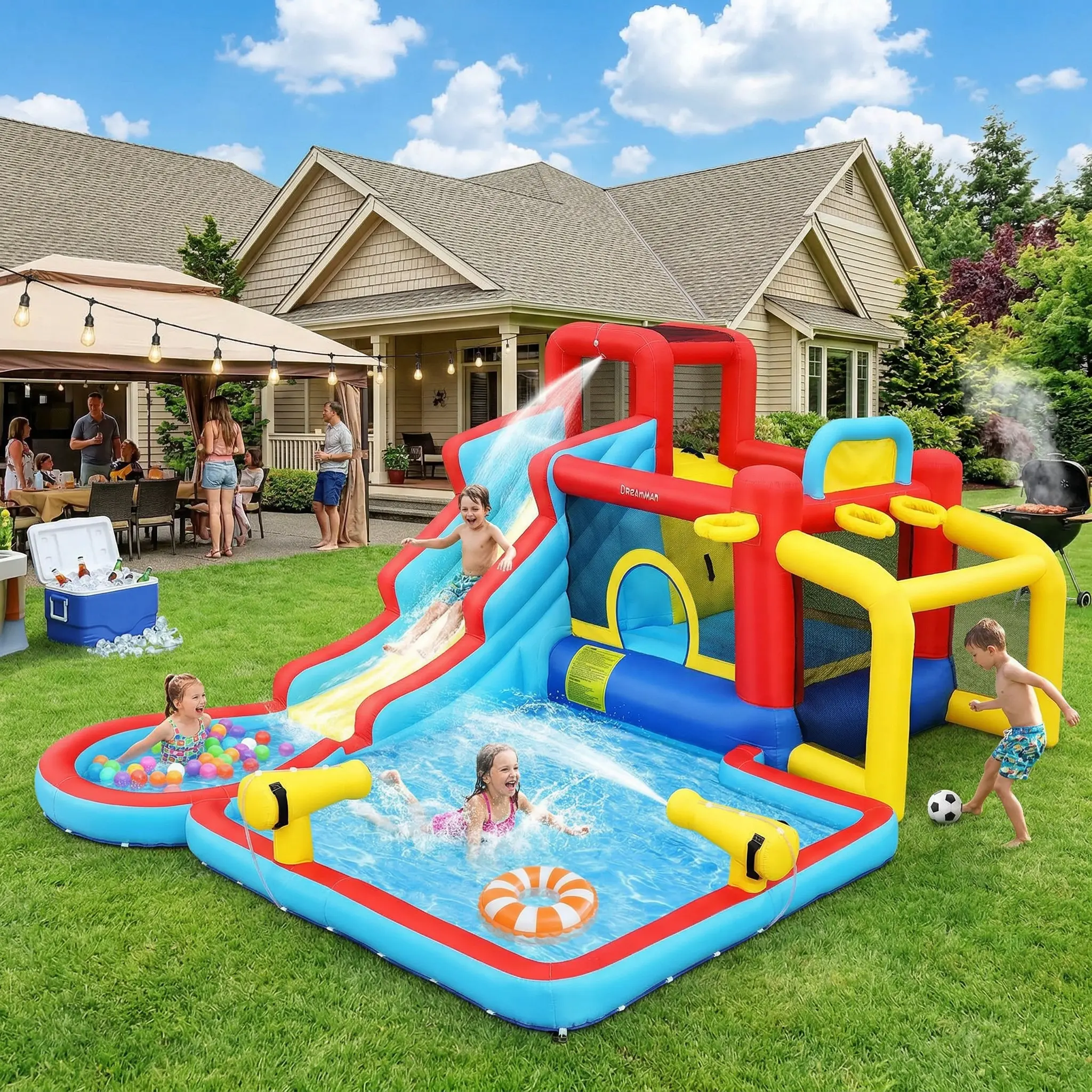 Whubefy 12-in-1 Inflatable Bounce House Park, Giant Water Slide for Kids, Wet & Dry Use, Large Jumping Area, Climbing Wall, Water Cannons, Soccer Goal, Blower Included, Outdoor Play, Birthday Party Gift for Kids, mothersdaygift