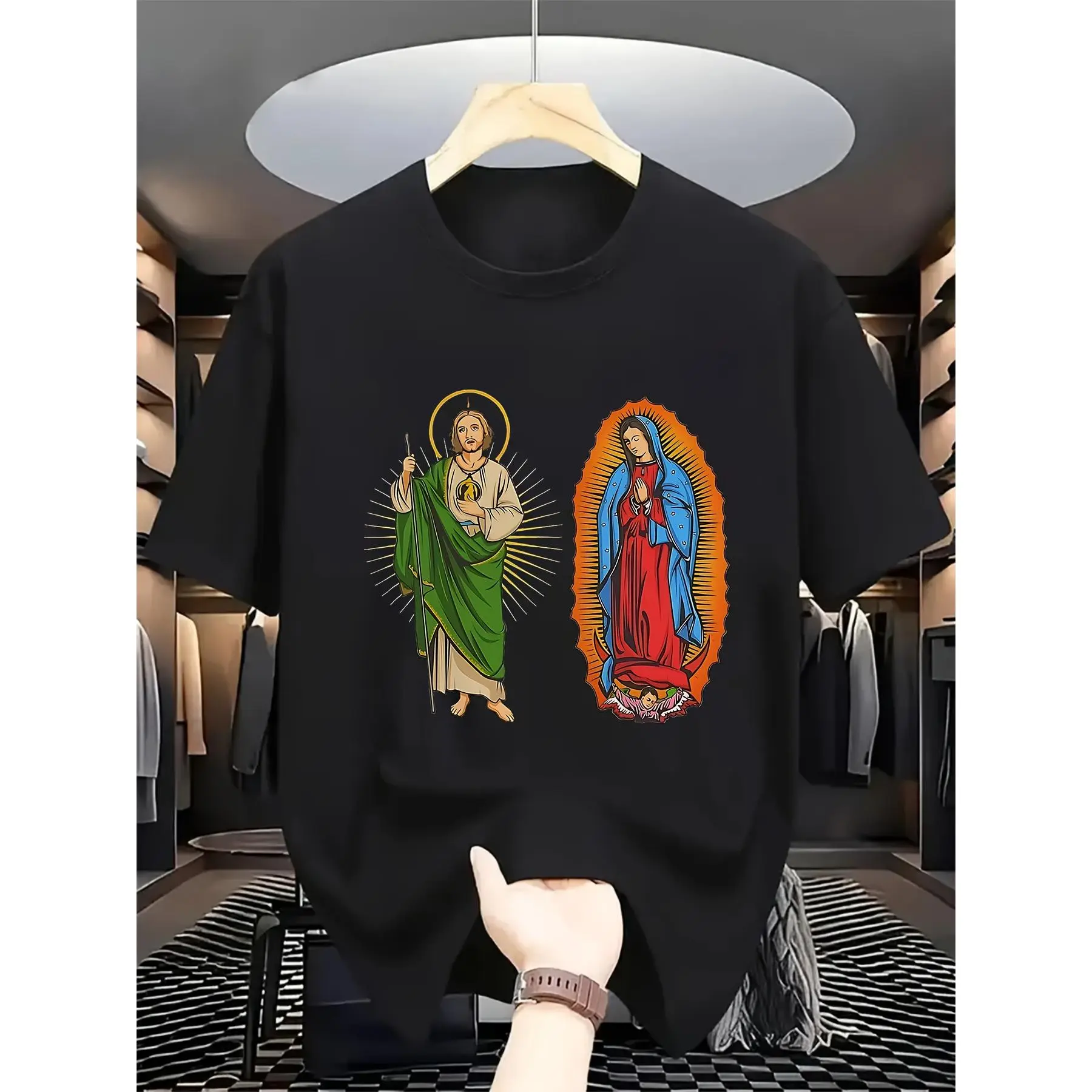 Virgen de Guadalupe y San Judas Tadeo Vintage Graphic T-Shirt - Black Religious Art Tee with Our Lady of Guadalupe & Saint Jude, Soft Breathable Cotton Shirt for Men & Women, Machine Washable Everyday & Special Occasion Top - Spiritual Gift for Catholics,