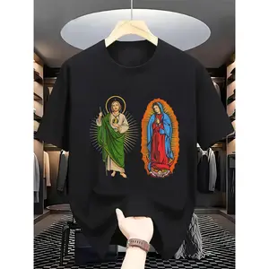 Virgen de Guadalupe y San Judas Tadeo Vintage Graphic T-Shirt - Black Religious Art Tee with Our Lady of Guadalupe & Saint Jude, Soft Breathable Cotton Shirt for Men & Women, Machine Washable Everyday & Special Occasion Top - Spiritual Gift for Catholics,