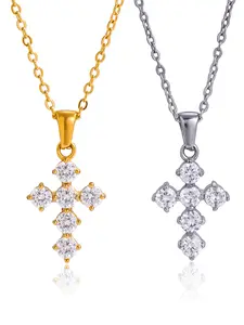 Classic Cubic Zirconia Cross Pendant Necklace For Women Minimalist Stainless Steel Necklace Fashion Jewelry Girls Gift