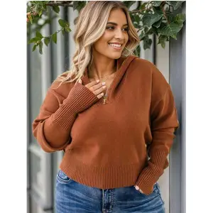 Plus Size Collared Neck Zip-Up Long Sleeve Sweater