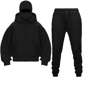 Balaclava Jacket and Sweatpants Set Zip Up Fashion Double Layer Hoodie Casual Jogger Pants Hip Hop Outerwear Y2K Style Clothing for Men and Women