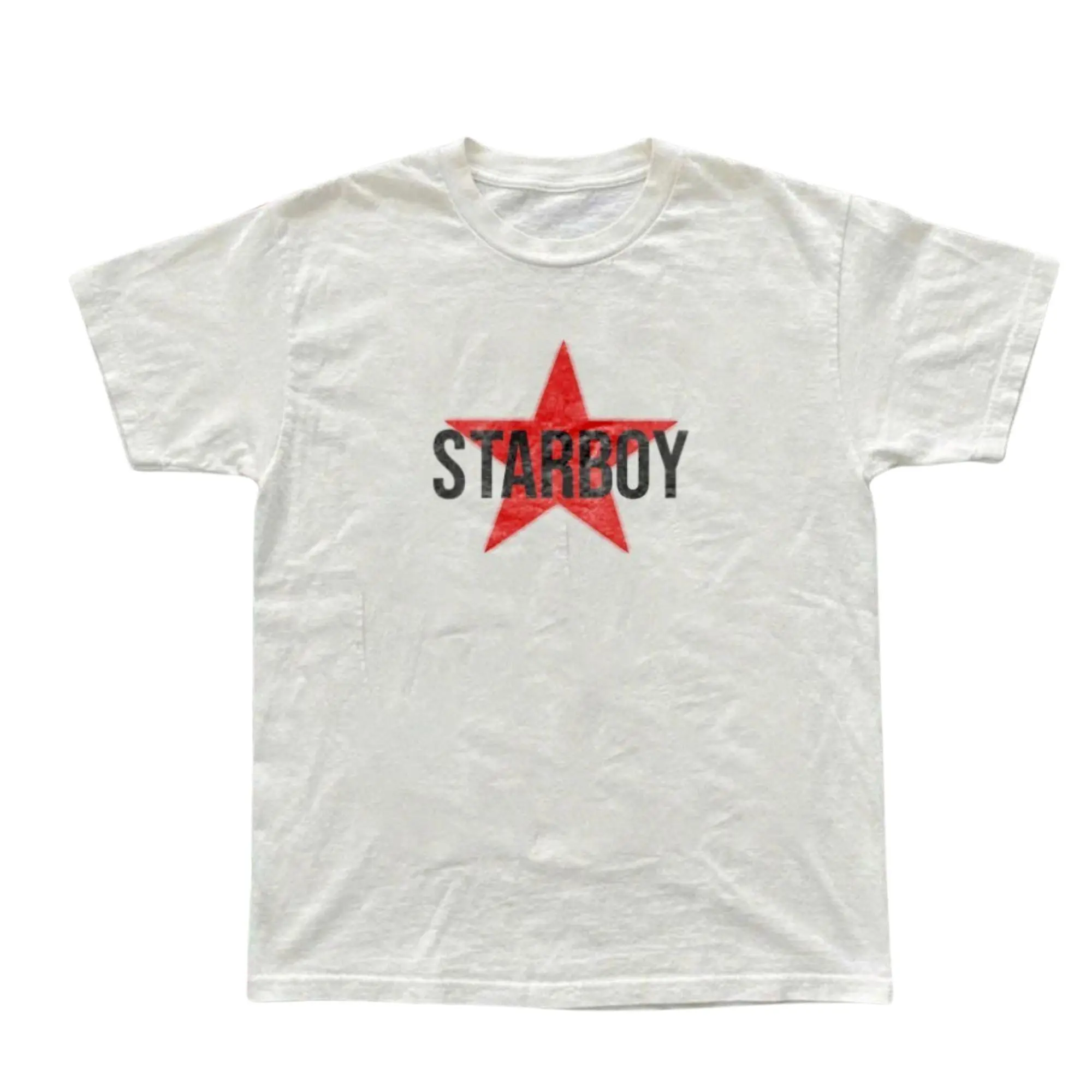 Starboy Red Star Distressed Typography Graphic T-Shirt, Retro Cyber Y2K Minimalist Slogan Stencil Print, Pop Culture Merch, Unisex White Heavyweight Streetwear Tee