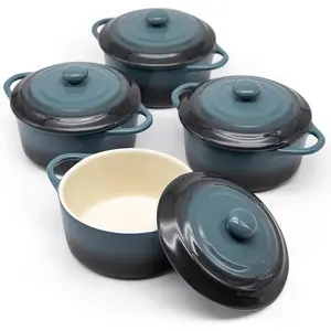 Ceramic Mini Cocotte Set, Small Casserole Dishes with Lids and Handles, Individual Baking Ramekins, Oven, Microwave & Dishwasher Safe, Stoneware, 12 oz, Set of 4 (Stone Ombre)