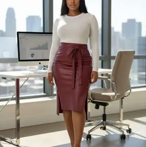 Women's Solid PU Leather Split Button Up Skirt Office Formal Casual Comfortable Elegant Basic Skinny Chic Bottoms Fit Day Ladies