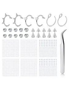 Fake Eyebrow Ring Fake Lip Labret Studs Replacement Balls Spike with 100Pcs Sticker Non-Piercing Nose Rings Hoop Stick on Snake Bites Body Jewelry Skin