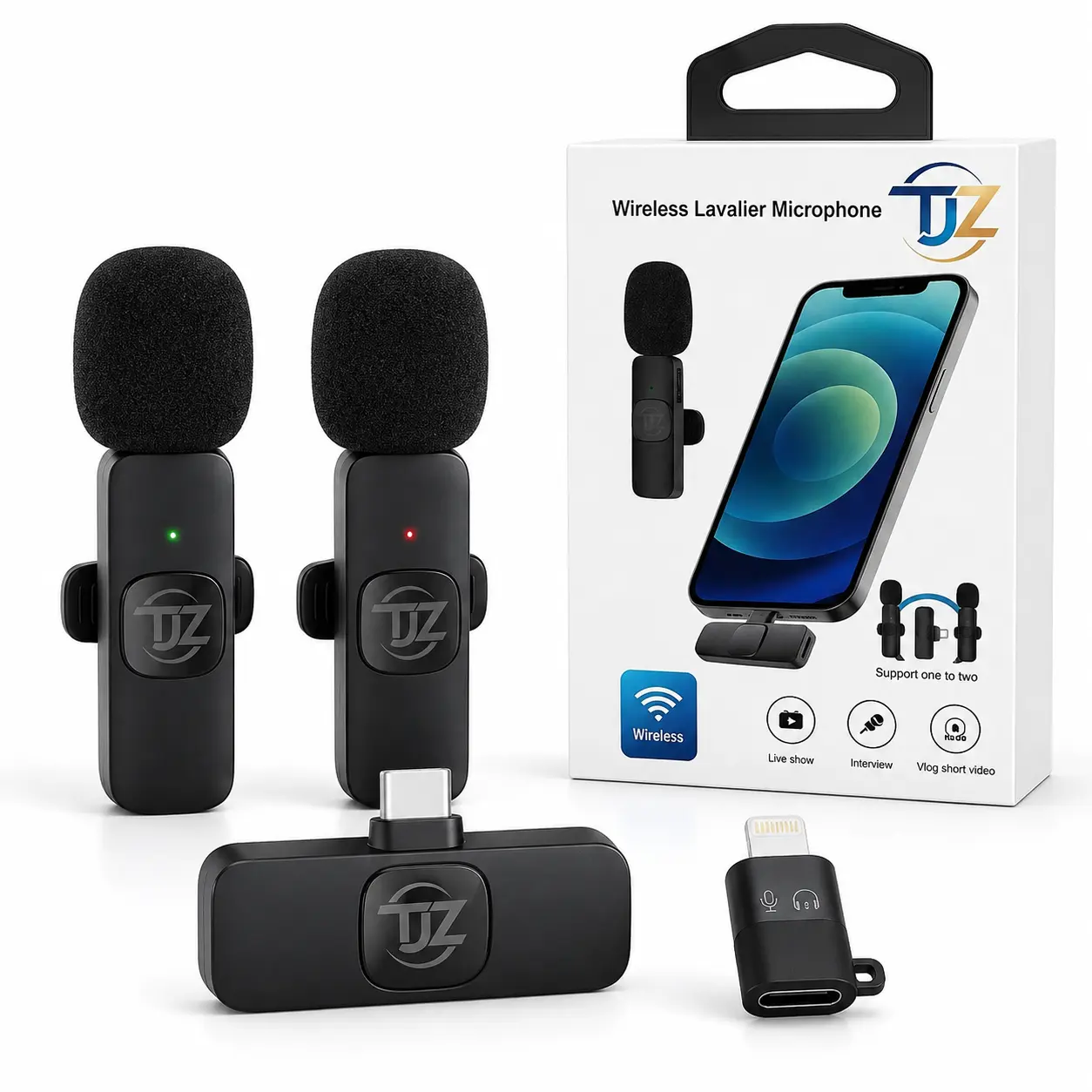TJZ K9 Wireless Lavalier Microphone for iPhone/Android Black Omnidirectional Condenser Microphone with Noise Cancellation and Plug and Play Features