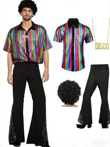 Men's 70s Disco Costume Set Retro Flared Pants Short Sleeve Shirt With Matching Accessories