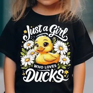 Cute Yellow Duck Letter Graphic Cotton T-Shirt for Girls, Valentine's Day Gift for Kids, Fashion Oversized Comfort Casual Outfit