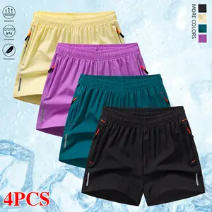 Set of 4 women’s shorts: solid color, elastic waistband with drawstring, zippered pockets; suitable for outdoor workouts, everyday outings, and casual wear; summer shorts.