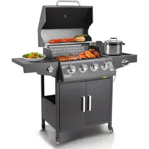 Propane Gas Grill 4 Burners with Side Burner Freestanding Grill Cart with Wheels for Outdoor Garden Cooking Barbecue Grill, Black Bbq Stainless