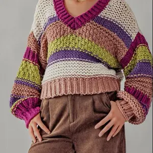 Catalina Multicolored Crop V-neck Chunky Sweater with Vibrant Stripes and Soft Knit Texture
